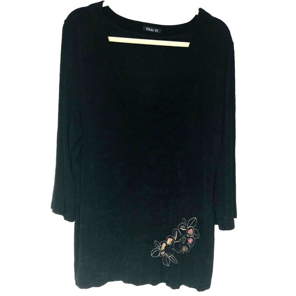 Vikki Vi Tunic Top Women 1X Black Floral Travel Knit Minimalist Office Packable